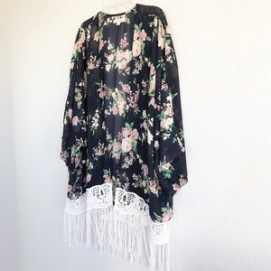 Rachael & Chloe Navy Kimono Pink Flowers Fringe